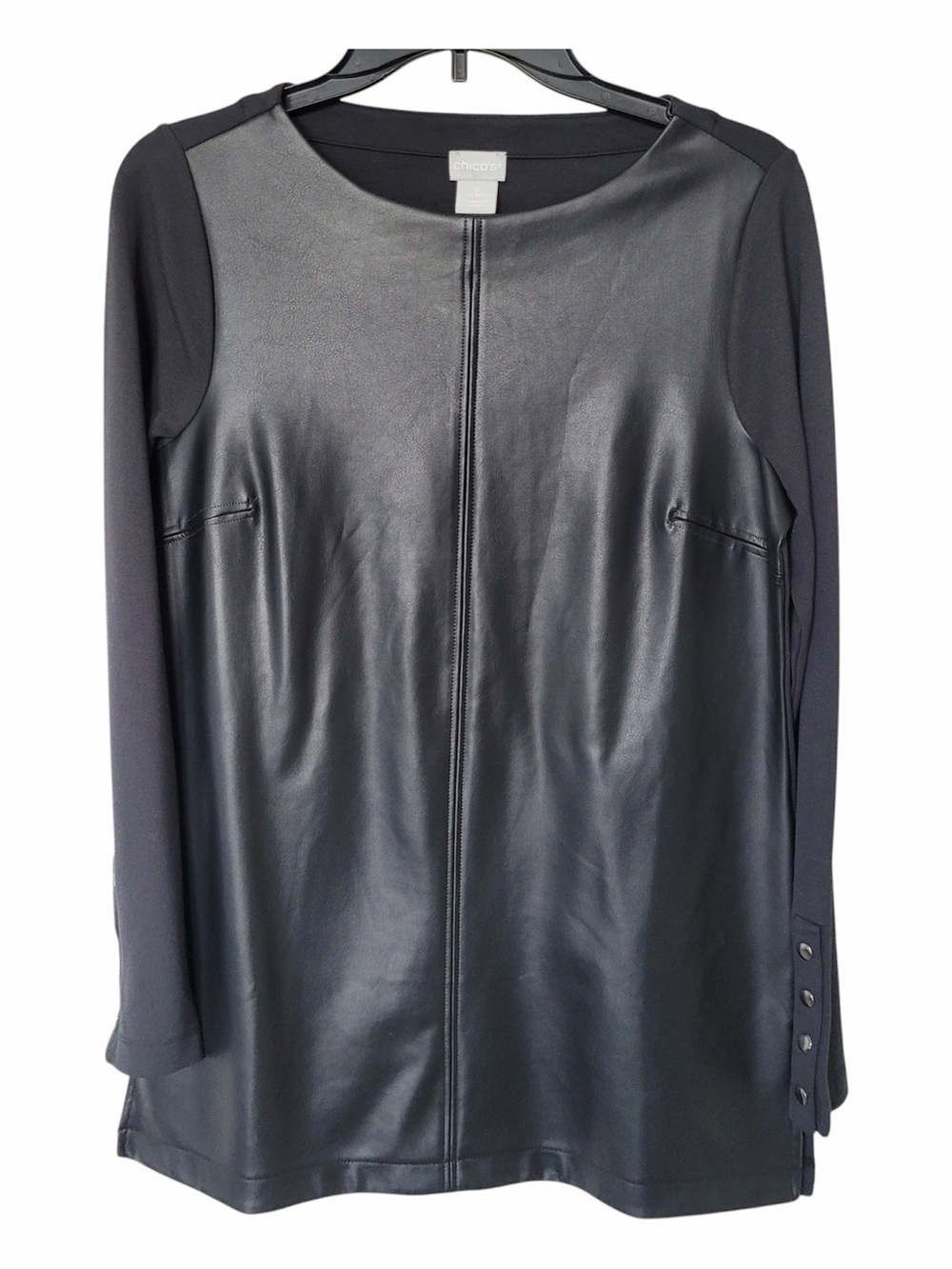 ✅ Chico's Faux Leather Front Black Long Sleeve Tunic Top size S 0
